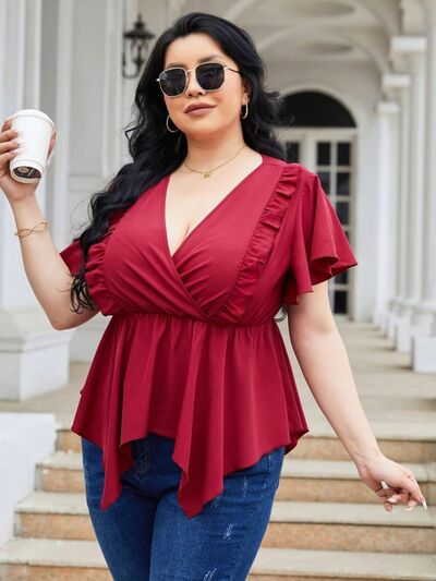 Plus Size Frill Surplice Flutter Sleeve Blouse Shop One Place