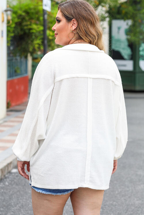 Plus Size Half Button Collared Neck Long Sleeve Blouse Shop One Place