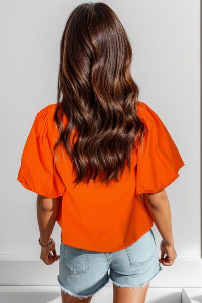 Openwork Round Neck Balloon Sleeve Blouse Shop One Place