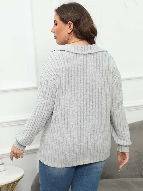 Plus Size Ribbed Collared Neck Long Sleeve Blouse Shop One Place