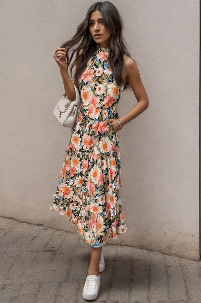 Printed Tiered Pocketed Mock Neck Midi Dress Shop One Place