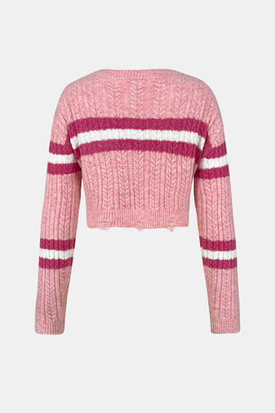 Cable-Knit Striped Dropped Shoulder Sweater Shop One Place