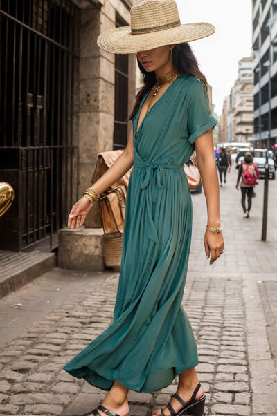 Surplice Tie Waist Short Sleeve Dress Shop One Place