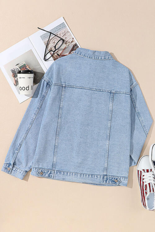 Pocketed Geometric Collared Neck Denim Jacket Shop One Place