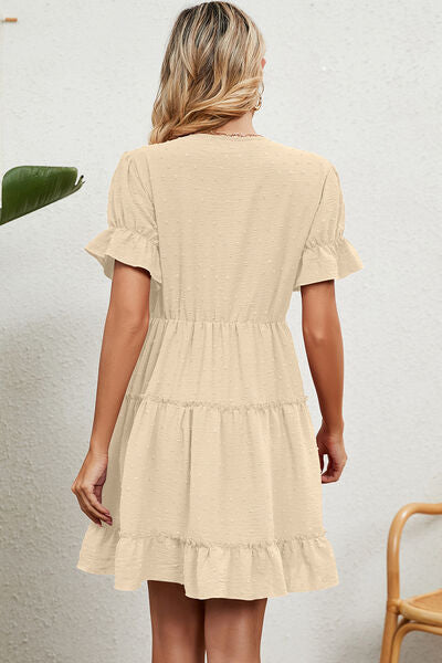 Swiss Dot V-Neck Flounce Sleeve Mini Dress Shop One Place