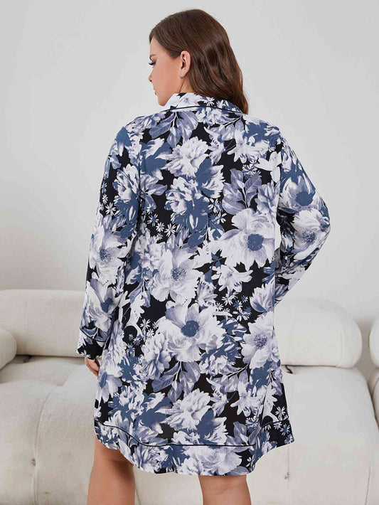 Plus Size Floral Lapel Collar Long Sleeve Night Dress Shop One Place