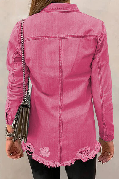 Distressed Raw Hem Snap Down Denim Jacket Shop One Place