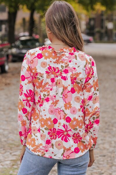 Floral V-Neck Frill Long Sleeve Blouse Shop One Place