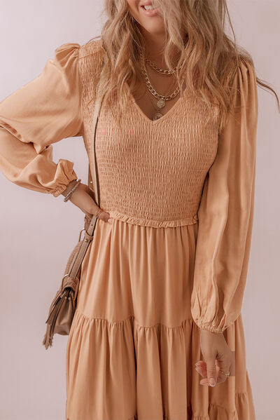 Smocked V-Neck Long Sleeve Tiered Dress Shop One Place