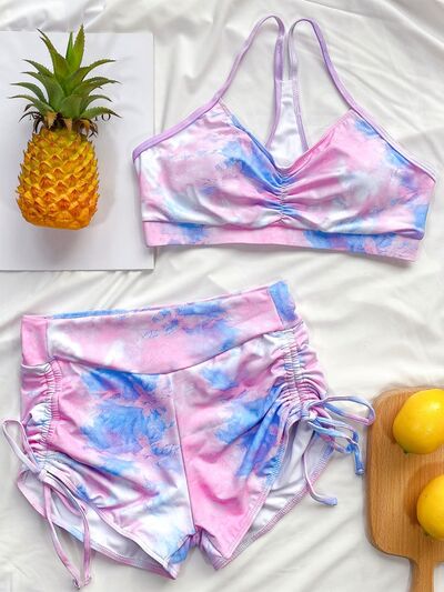 Tie-Dye Spaghetti Strap Top and Drawstring Shorts Swim Set Shop One Place
