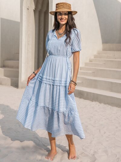 Tie Neck Balloon Sleeve Tiered Dress Shop One Place