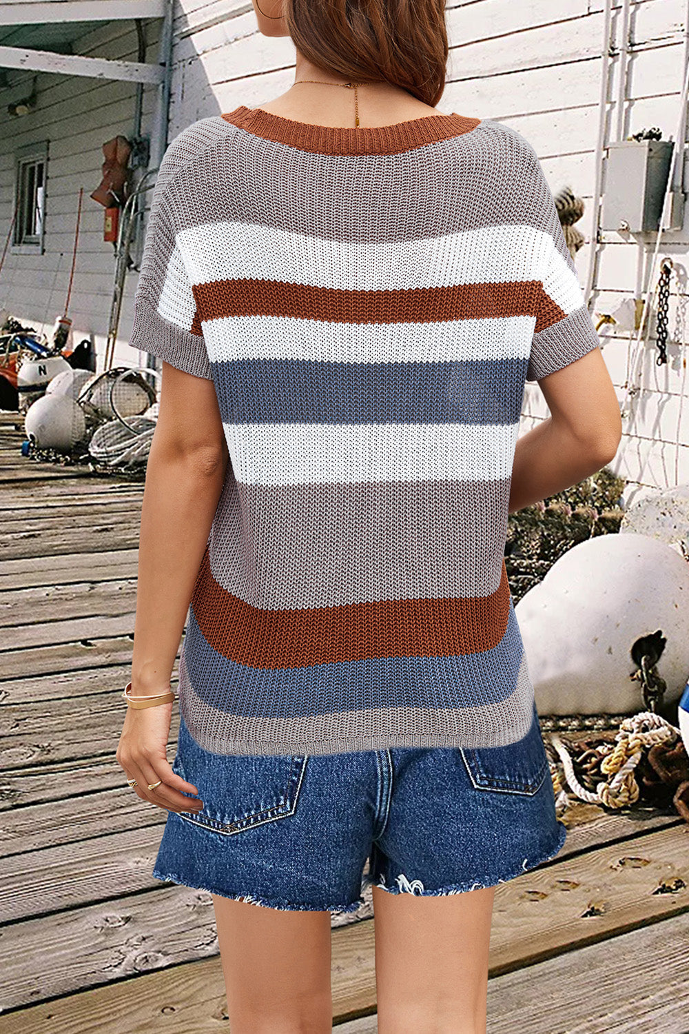 Striped Round Neck Short Sleeve Knit Top Shop One Place
