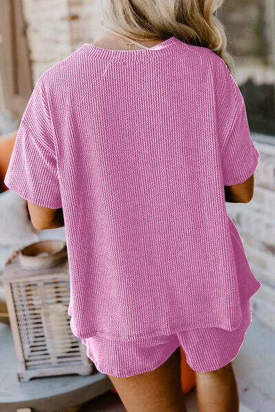 Round Neck Top and Pocketed Shorts Set Shop One Place