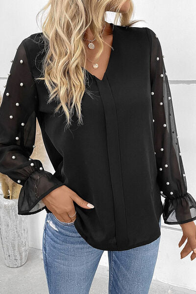Pearl Detail V-Neck Flounce Sleeve Blouse Shop One Place