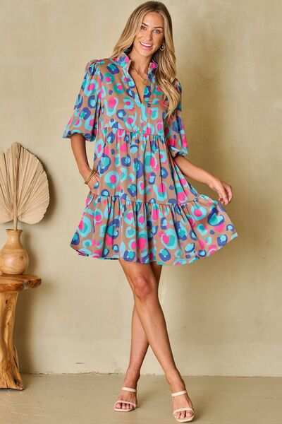 Notched Balloon Sleeve Mini Dress Shop One Place
