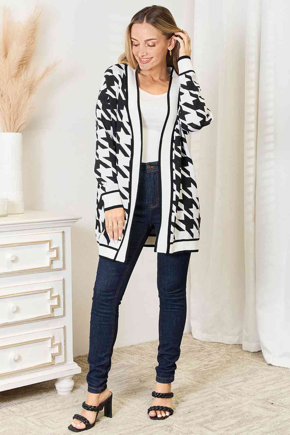 Woven Right Houndstooth Open Front Longline Cardigan Shop One Place