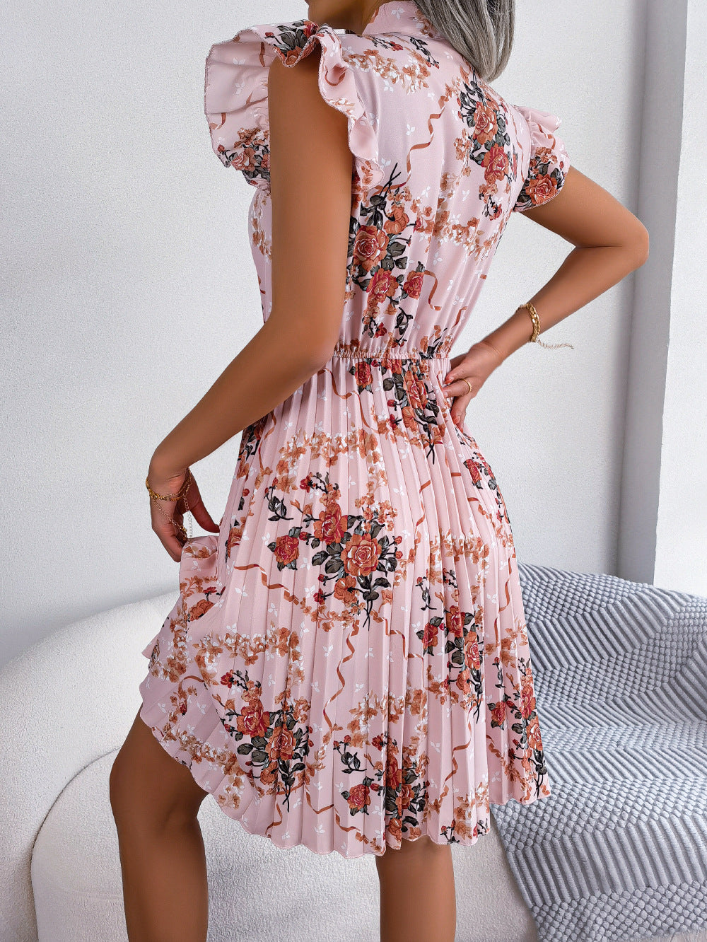 Pleated Floral Printed Tie Neck Knee Length Dress Shop One Place
