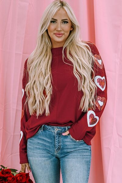 Heart Sequin Round Neck Long Sleeve T-Shirt Shop One Place