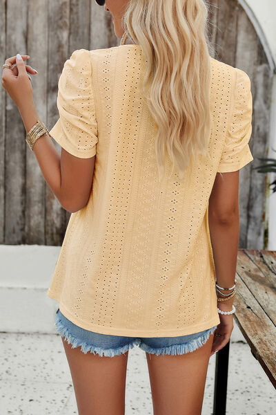 Eyelet Square Neck Puff Sleeve T-Shirt Shop One Place