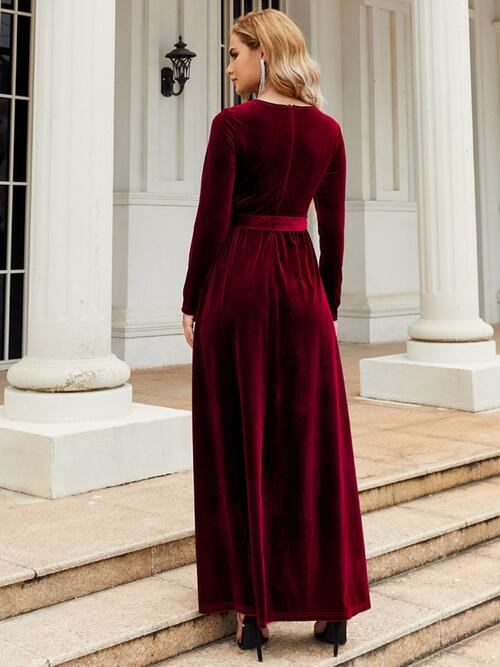 Tie Front Round Neck Long Sleeve Maxi Dress Shop One Place