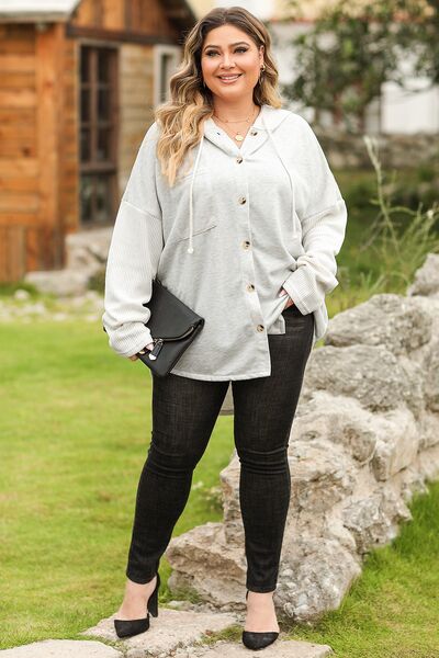 Plus Size Button Up Drawstring Long Sleeve Hoodie Shop One Place