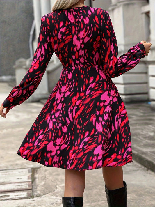 Printed Surplice Long Sleeve Dress Shop One Place