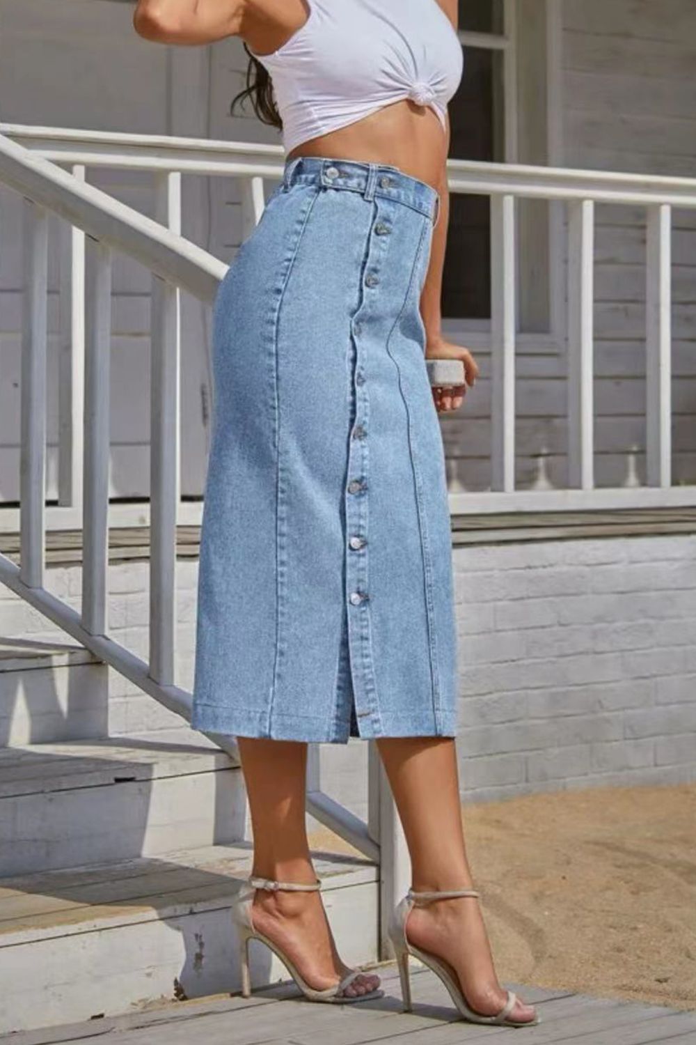 Buttoned Split Denim Skirt Shop One Place