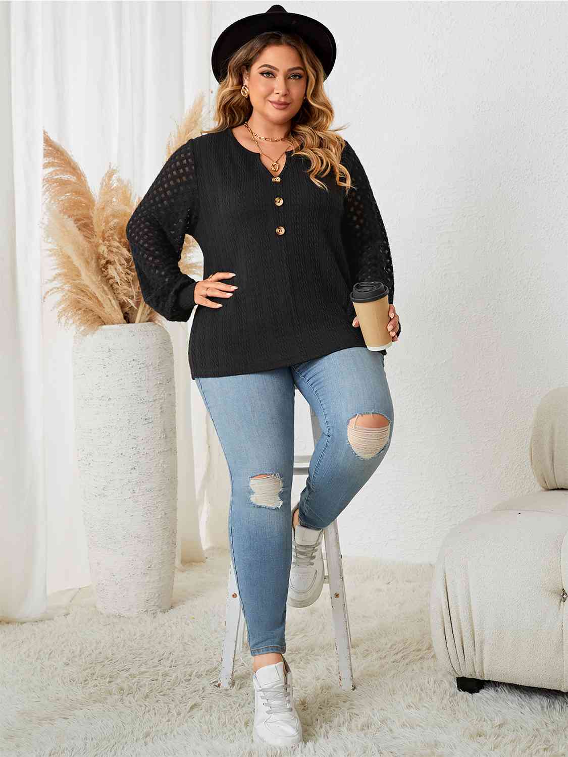 Plus Size Openwork Notched Button Front Blouse Shop One Place