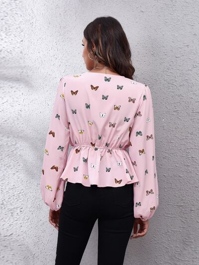 Butterfly V-Neck Balloon Sleeve Peplum Blouse Shop One Place