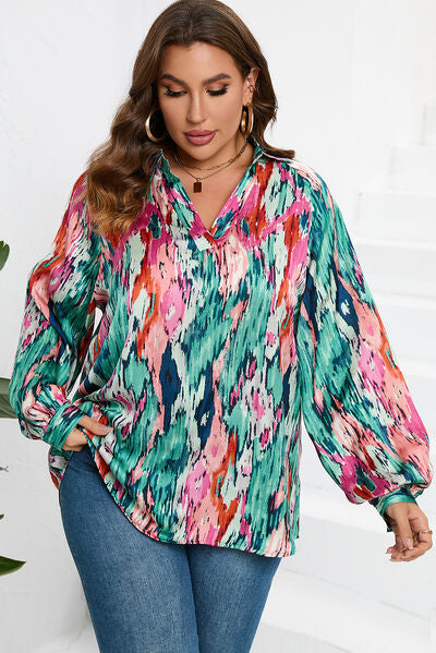Plus Size Printed Johnny Collar Long Sleeve Blouse Shop One Place