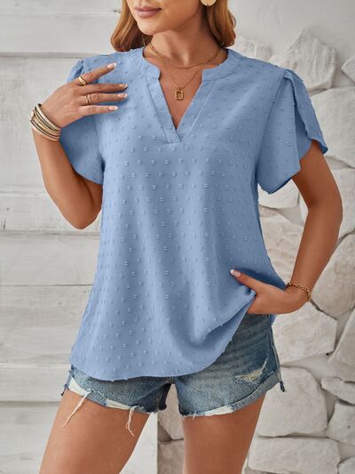 Swiss Dot Notched Petal Sleeve T-Shirt Shop One Place