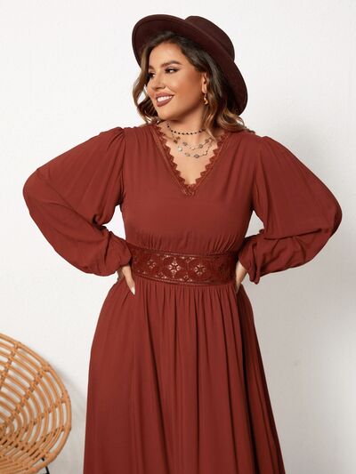 Plus Size Lace Detail V-Neck Balloon Sleeve Dress Shop One Place