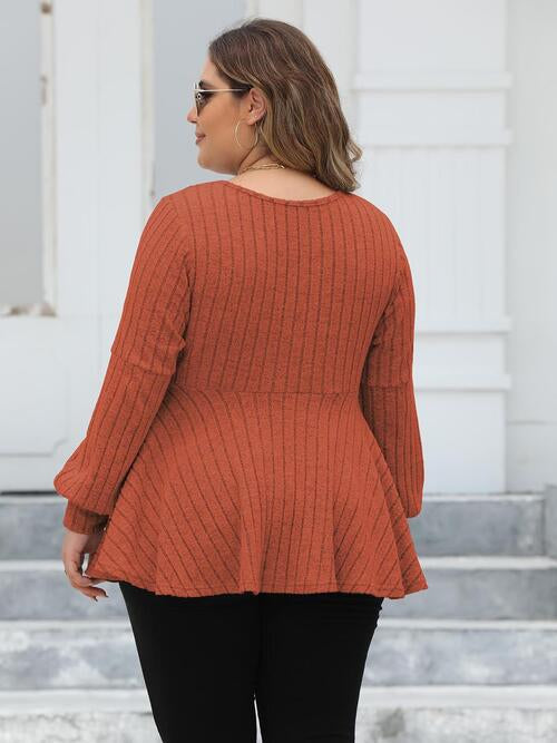 Plus Size Ribbed V-Neck Long Sleeve Blouse Shop One Place