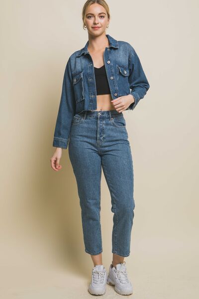 LOVE TREE Raw Hem Button Up Cropped Denim Jacket Shop One Place