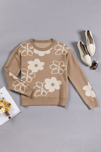 Flower Round Neck Dropped Shoulder Sweater Shop One Place