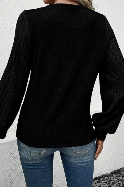 Decorative Button V-Neck Lantern Sleeve Blouse Shop One Place