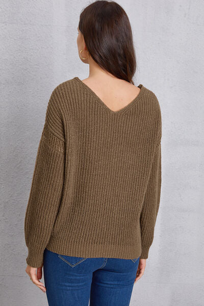 V-Neck Pocketed Dropped Shoulder Knit Top Shop One Place
