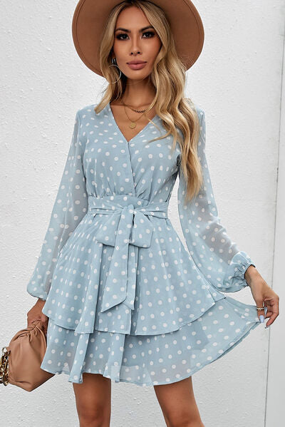 Tied Layered Polka Dot Balloon Sleeve Dress Shop One Place