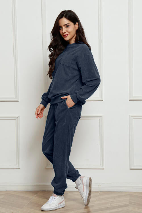 Corduroy Round Neck Sweatshirt and Sweatpants Set Shop One Place
