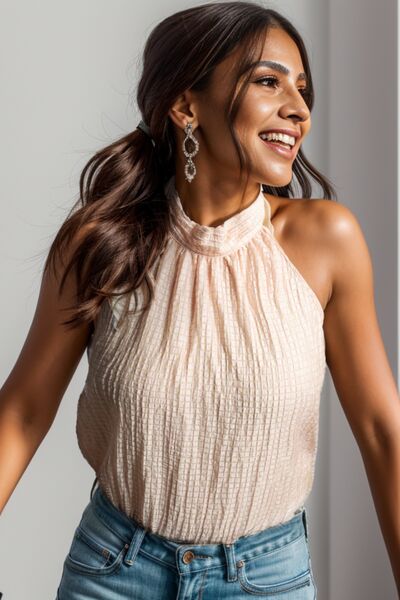 Textured Keyhole Mock Neck Tank Shop One Place