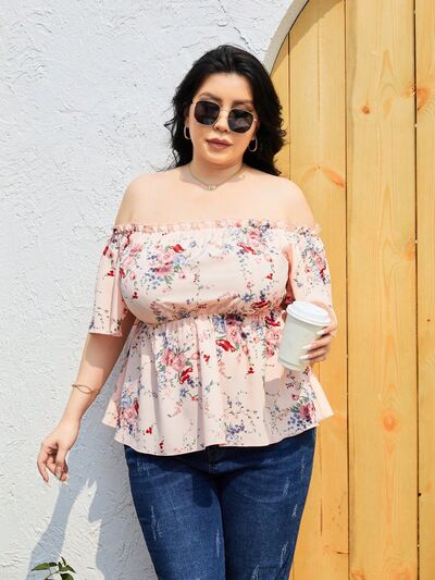 Plus Size Frill Printed Flutter Sleeve Blouse Shop One Place