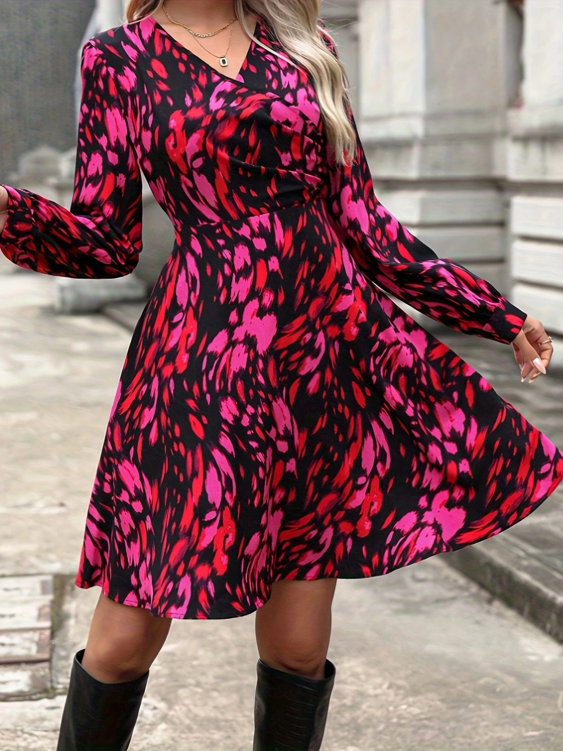 Printed Surplice Long Sleeve Dress Shop One Place
