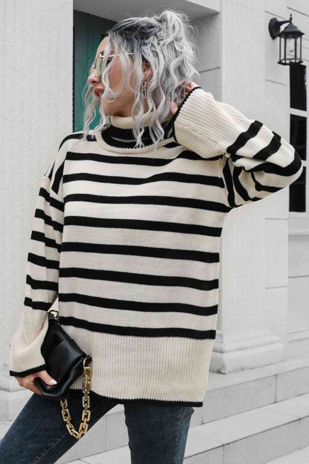Striped Turtleneck Drop Shoulder Sweater Shop One Place