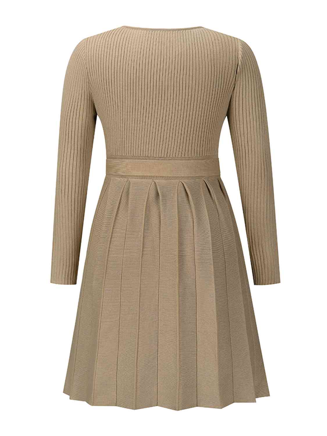 Surplice Neck Tie Front Pleated Sweater Dress Shop One Place