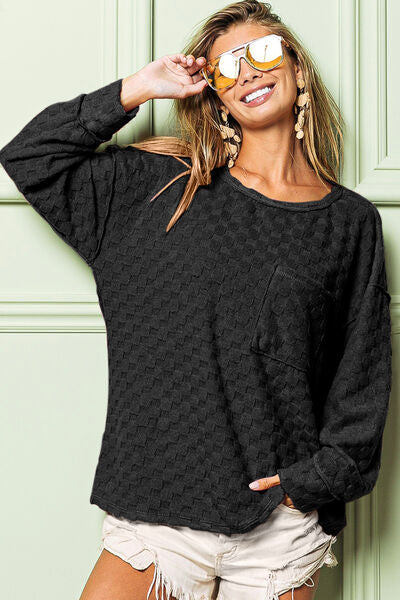 BiBi Checkered Round Neck Exposed Seam Top Shop One Place