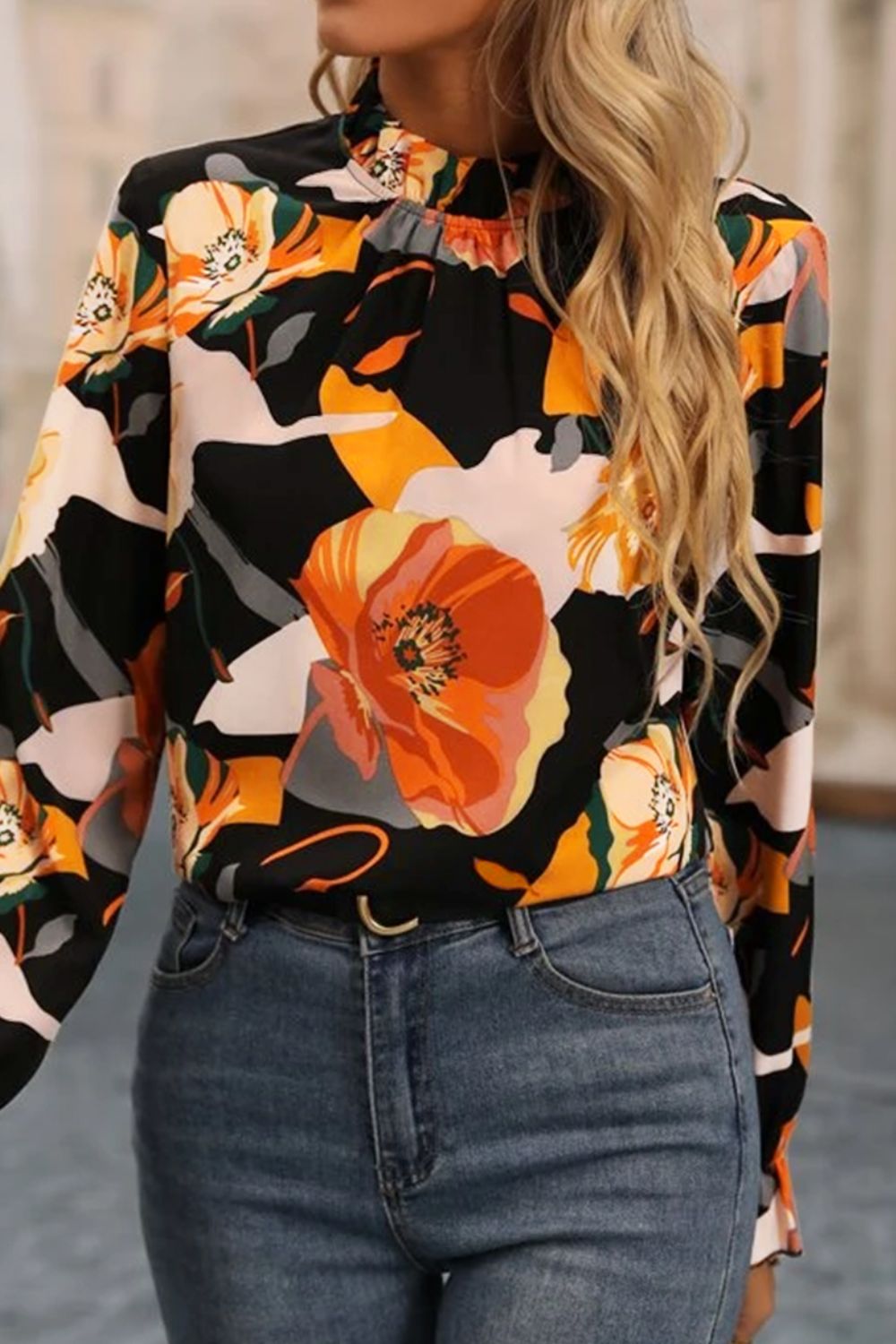 Floral Mock Neck Flounce Sleeve Blouse Shop One Place