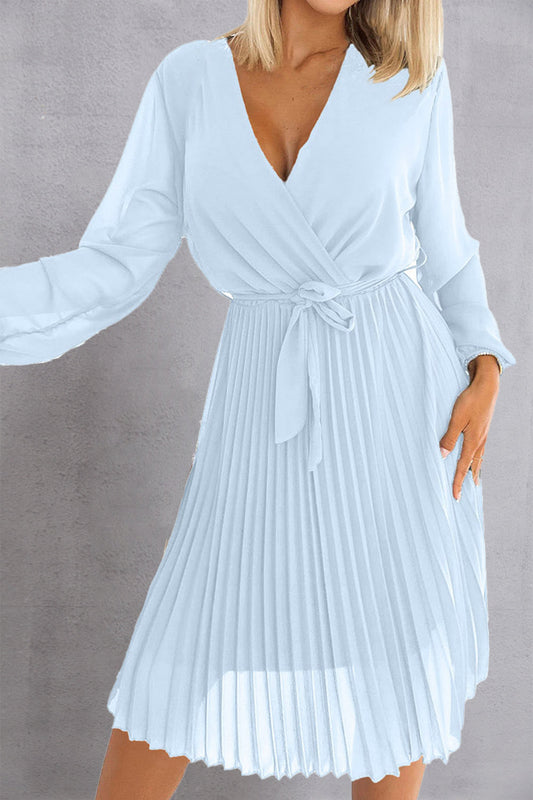 Tied Surplice Long Sleeve Pleated Dress Shop One Place
