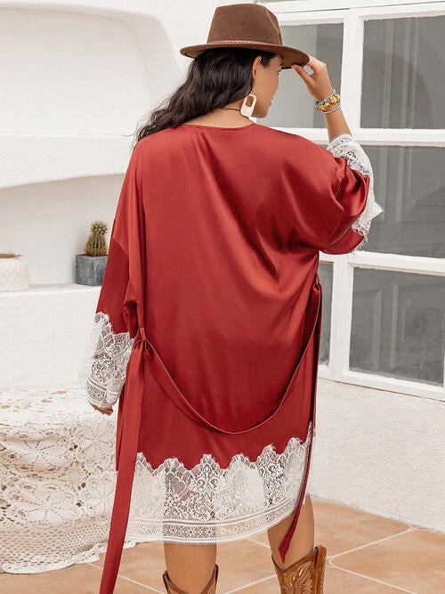 Plus Size Lace Patchwork Tie Front Robe Shop One Place