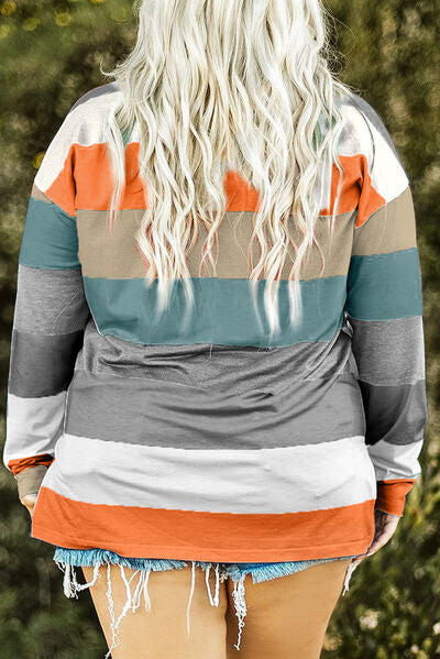 Plus Size Striped Slit Long Sleeve T-Shirt Shop One Place