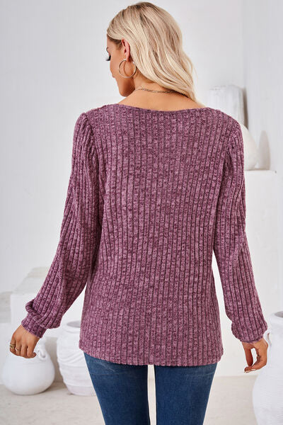 Ribbed Square Neck Long Sleeve T-Shirt Shop One Place
